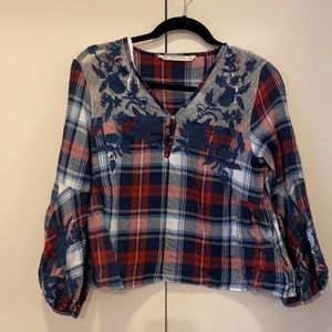 Zara plaid shirt with flower embroidered detail
